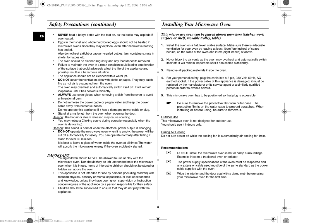 Samsung CM1019A/XEU manual Installing Your Microwave Oven, Recommendations 