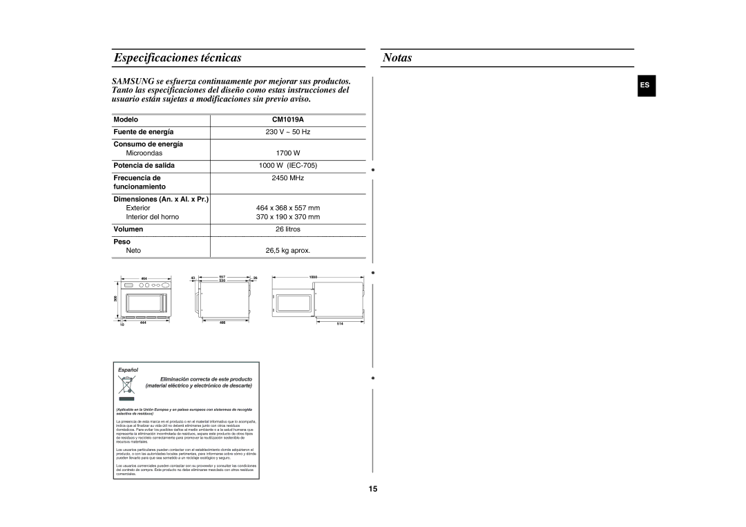 Samsung CM1019A/XEU manual Especificaciones técnicas Notas 