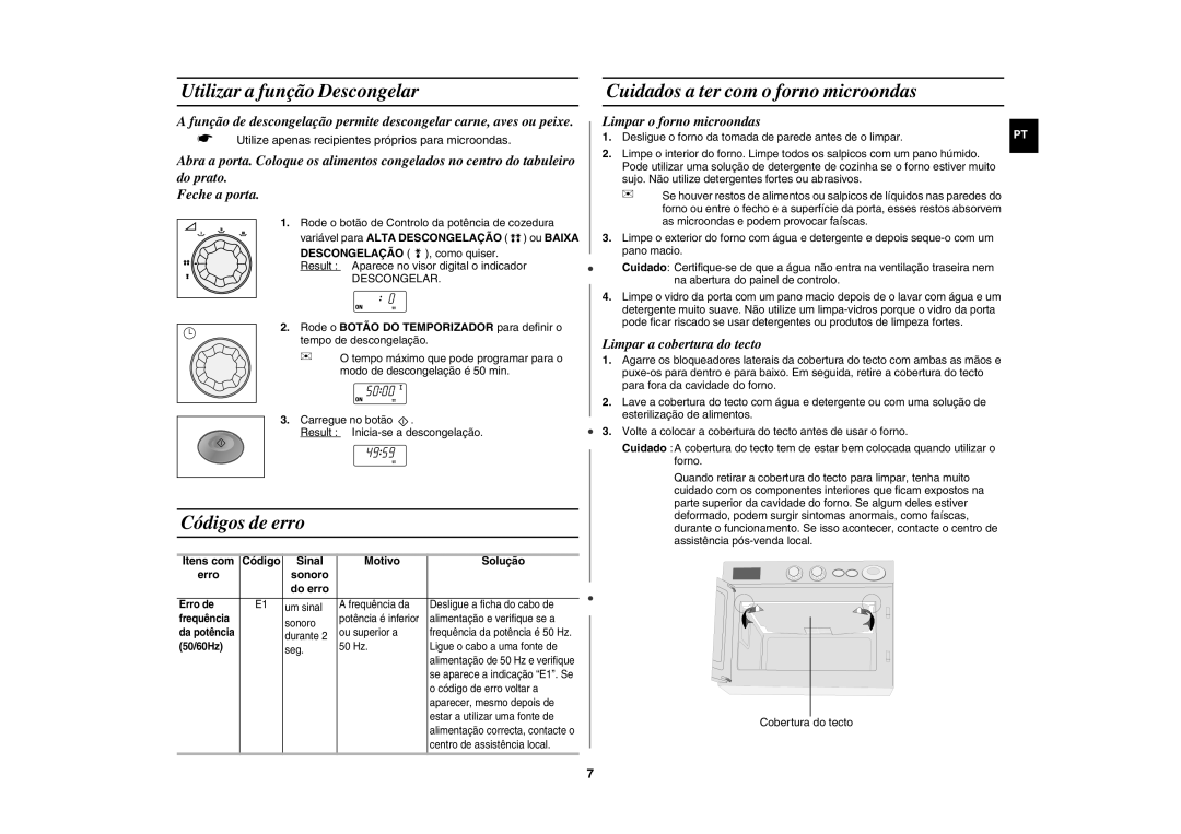 Samsung CM1019A/XEU manual Utilizar a função Descongelar, Códigos de erro, Cuidados a ter com o forno microondas 