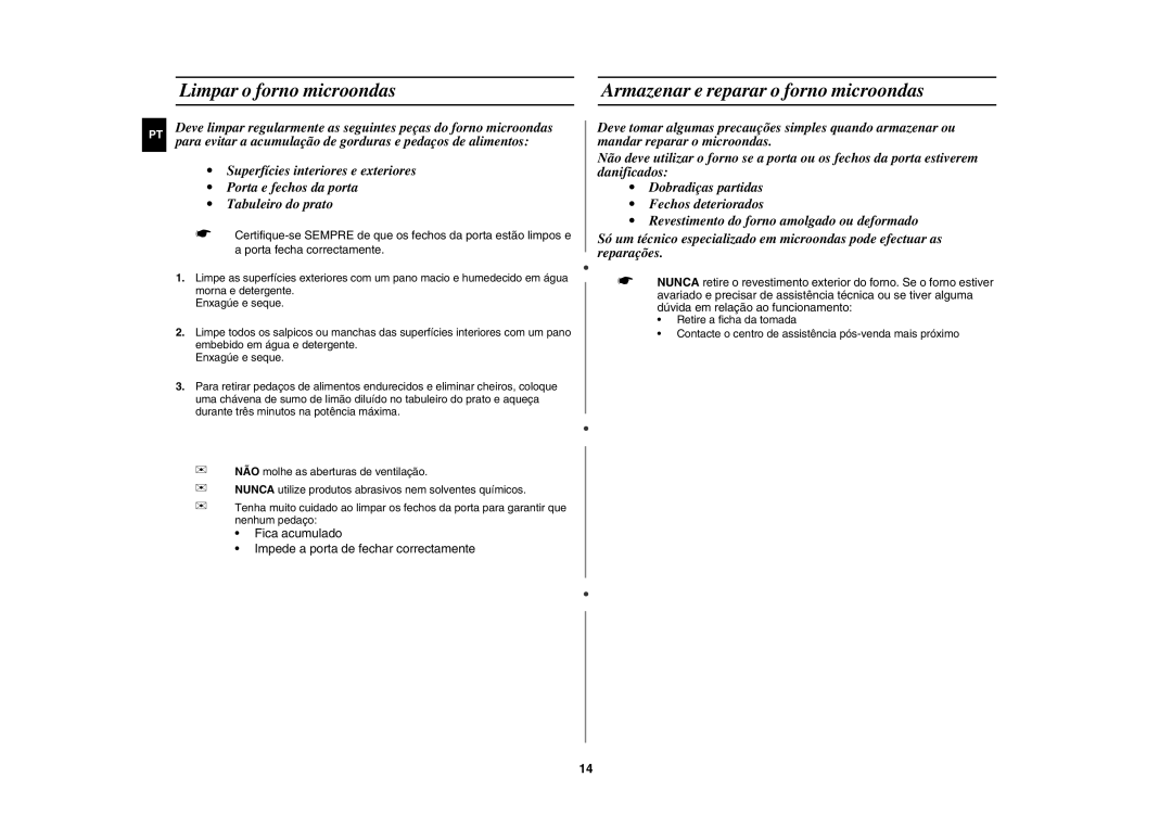 Samsung CM1019A/XEU manual Limpar o forno microondas, Armazenar e reparar o forno microondas 