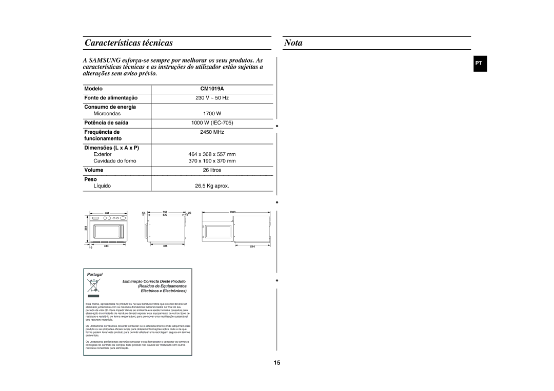 Samsung CM1019A/XEU manual Características técnicas Nota 