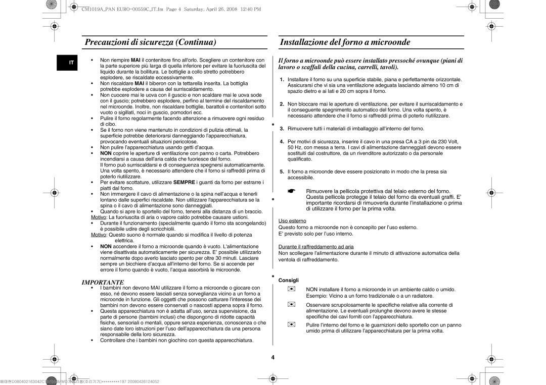 Samsung CM1019A/XEU manual Importante, Consigli 