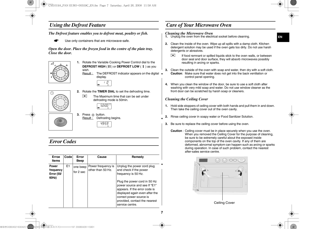 Samsung CM1019A/XEU manual Using the Defrost Feature Care of Your Microwave Oven, Error Codes, Cleaning the Microwave Oven 