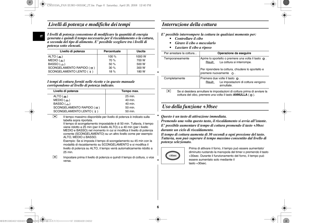 Samsung CM1019A/XEU manual Uso della funzione +30sec, Livello di potenza Percentuale, Operazione da eseguire 