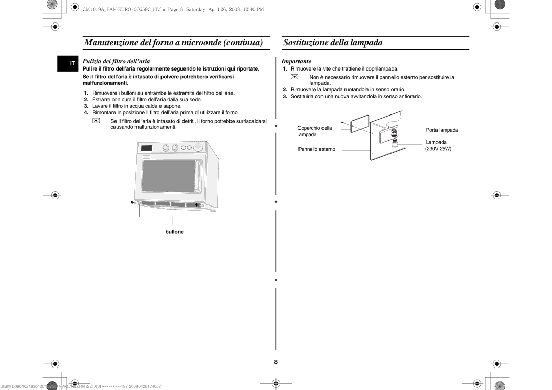 Samsung CM1019A/XEU Manutenzione del forno a microonde continua, Sostituzione della lampada, Pulizia del filtro dell’aria 