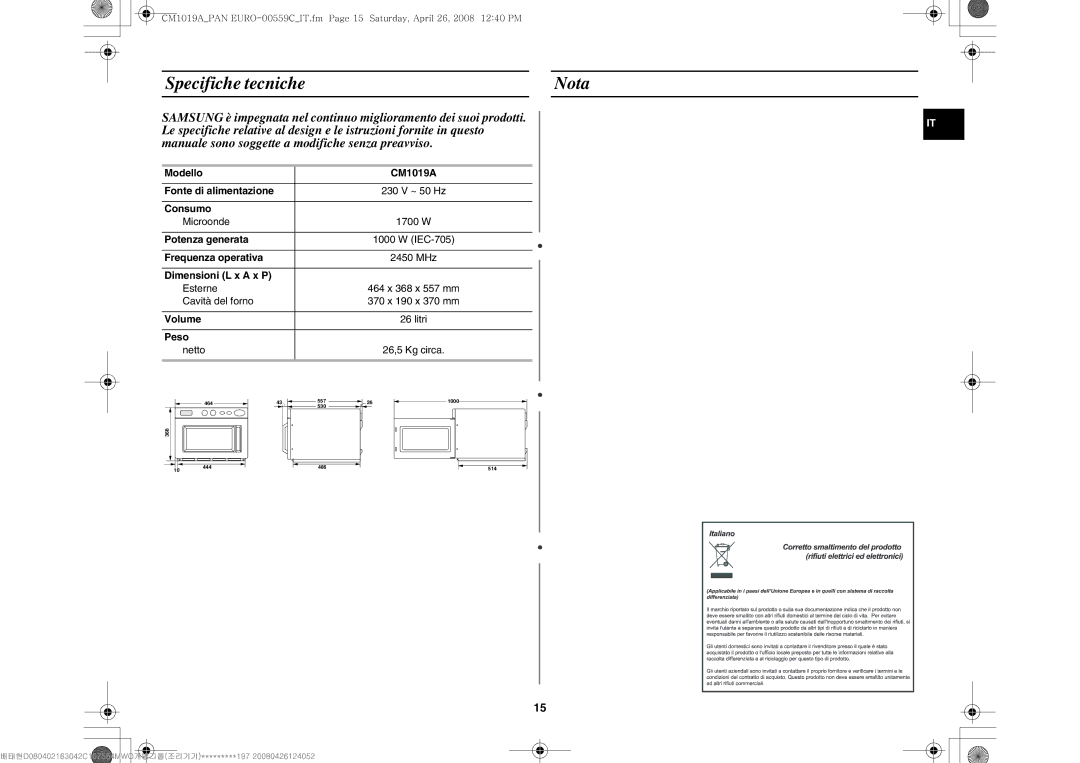 Samsung CM1019A/XEU manual Specifiche tecniche Nota 