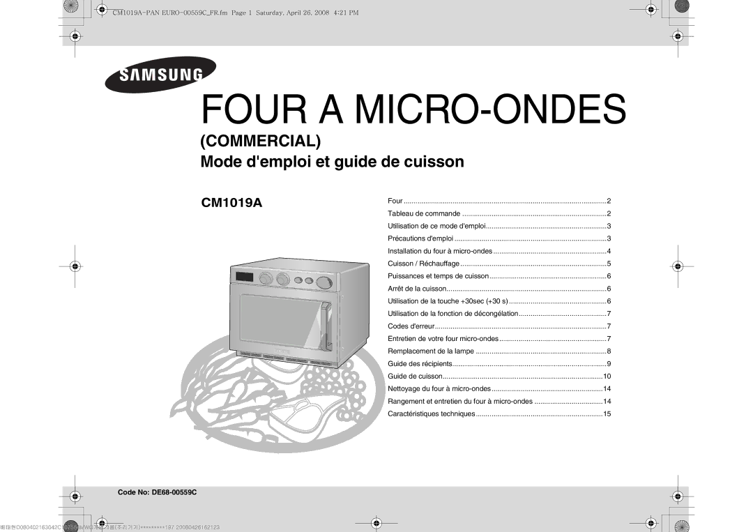 Samsung CM1019A/XEU manual Four a MICRO-ONDES, Code No DE68-00559C 