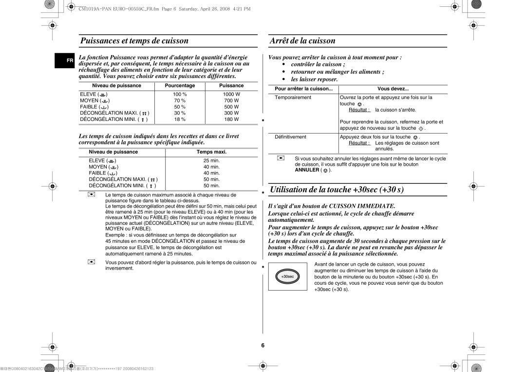 Samsung CM1019A/XEU Puissances et temps de cuisson Arrêt de la cuisson, Utilisation de la touche +30sec +30 s, Pourcentage 