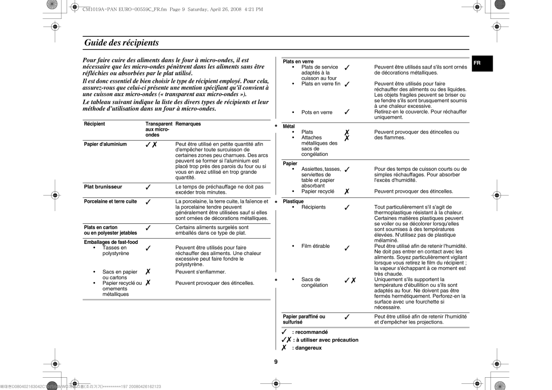 Samsung CM1019A/XEU manual Guide des récipients, Plat brunisseur, Et dempêcher les projections 