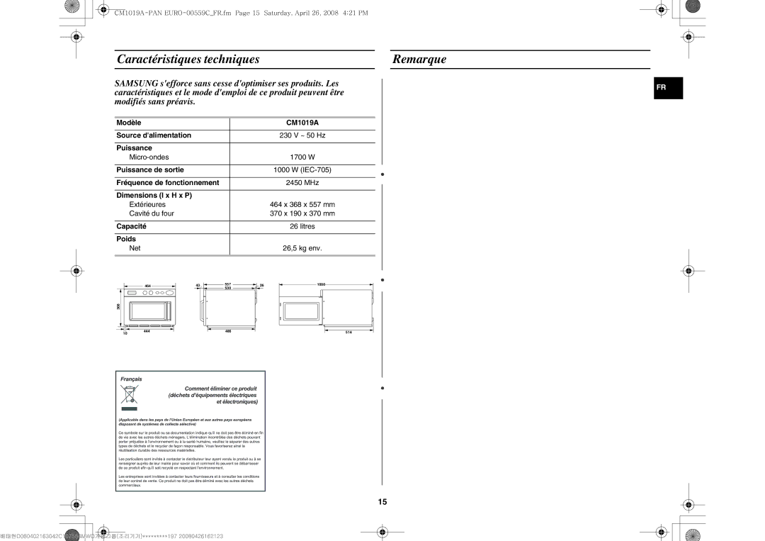 Samsung CM1019A/XEU manual Caractéristiques techniques Remarque 