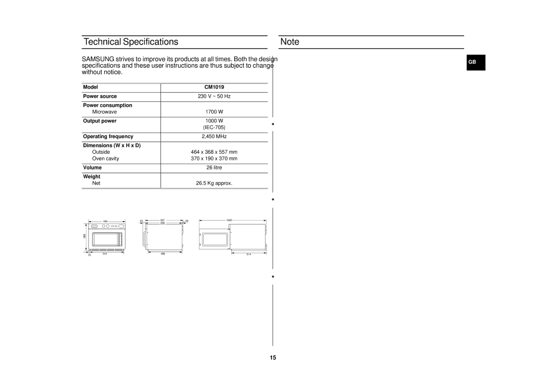 Samsung CM1019/XET manual Technical Specifications 