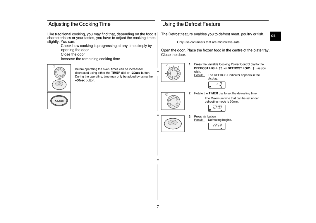 Samsung CM1019/XET manual Adjusting the Cooking Time, Using the Defrost Feature, Defrost High or Defrost LOW as you wish 