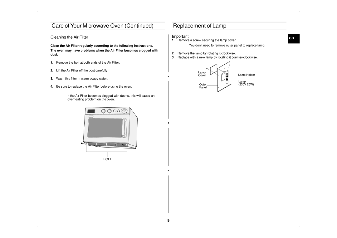 Samsung CM1019/XET manual Replacement of Lamp, Cleaning the Air Filter 