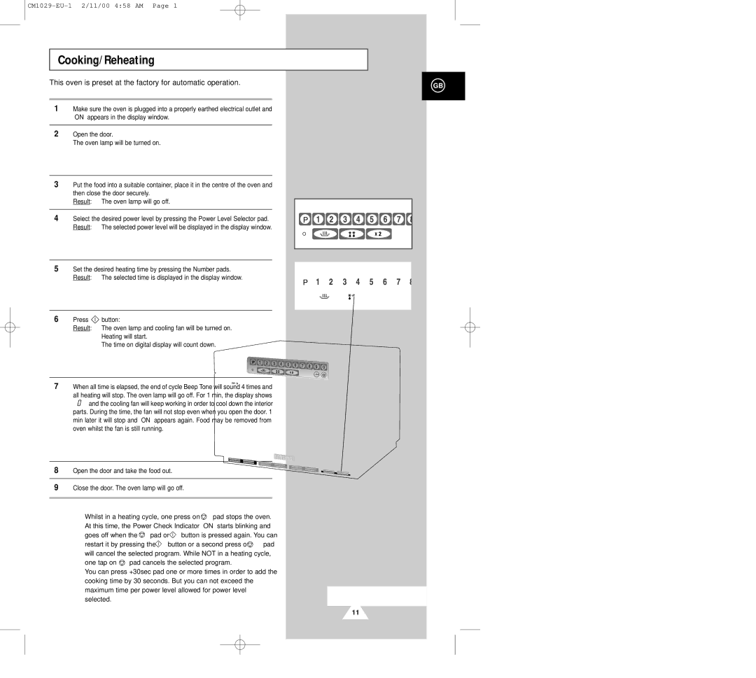 Samsung CM1029 manual Cooking/Reheating, This oven is preset at the factory for automatic operation 