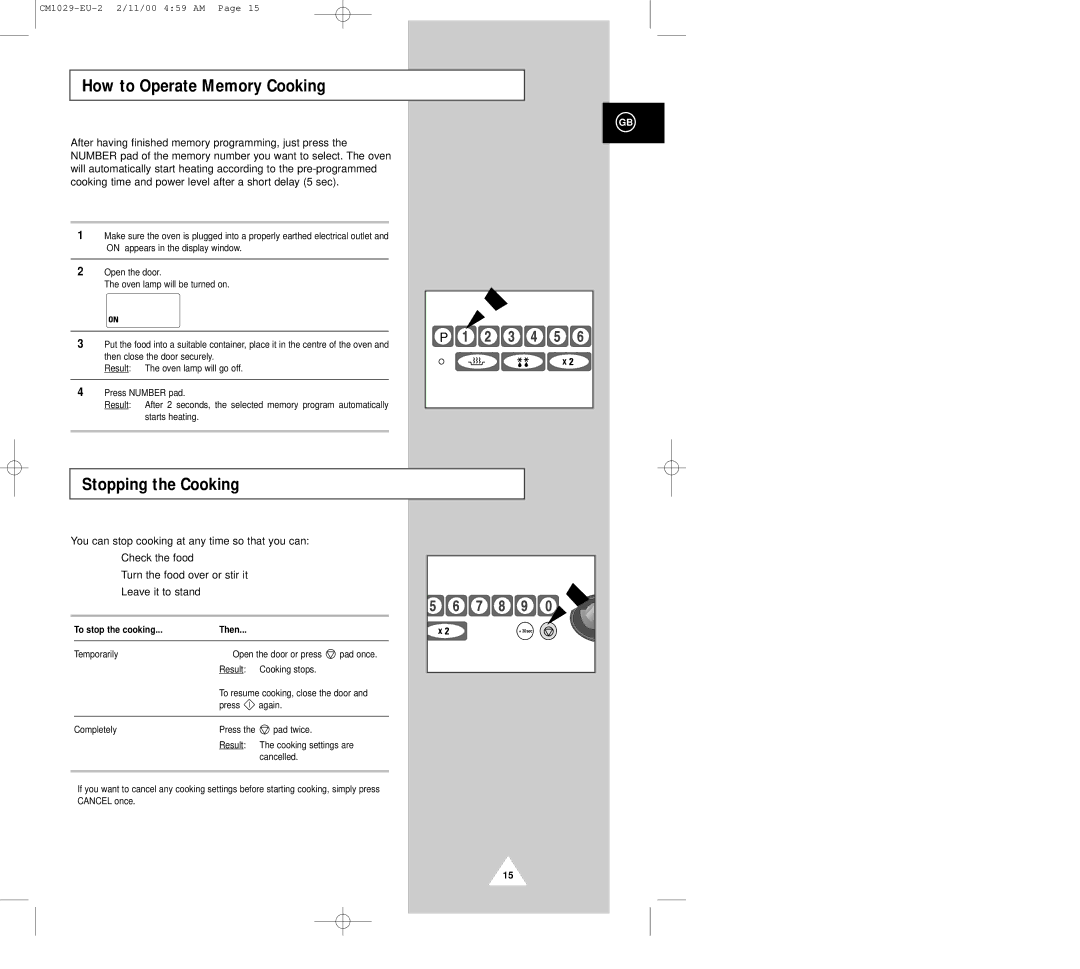 Samsung CM1029 manual How to Operate Memory Cooking, Stopping the Cooking, To stop the cooking Then 