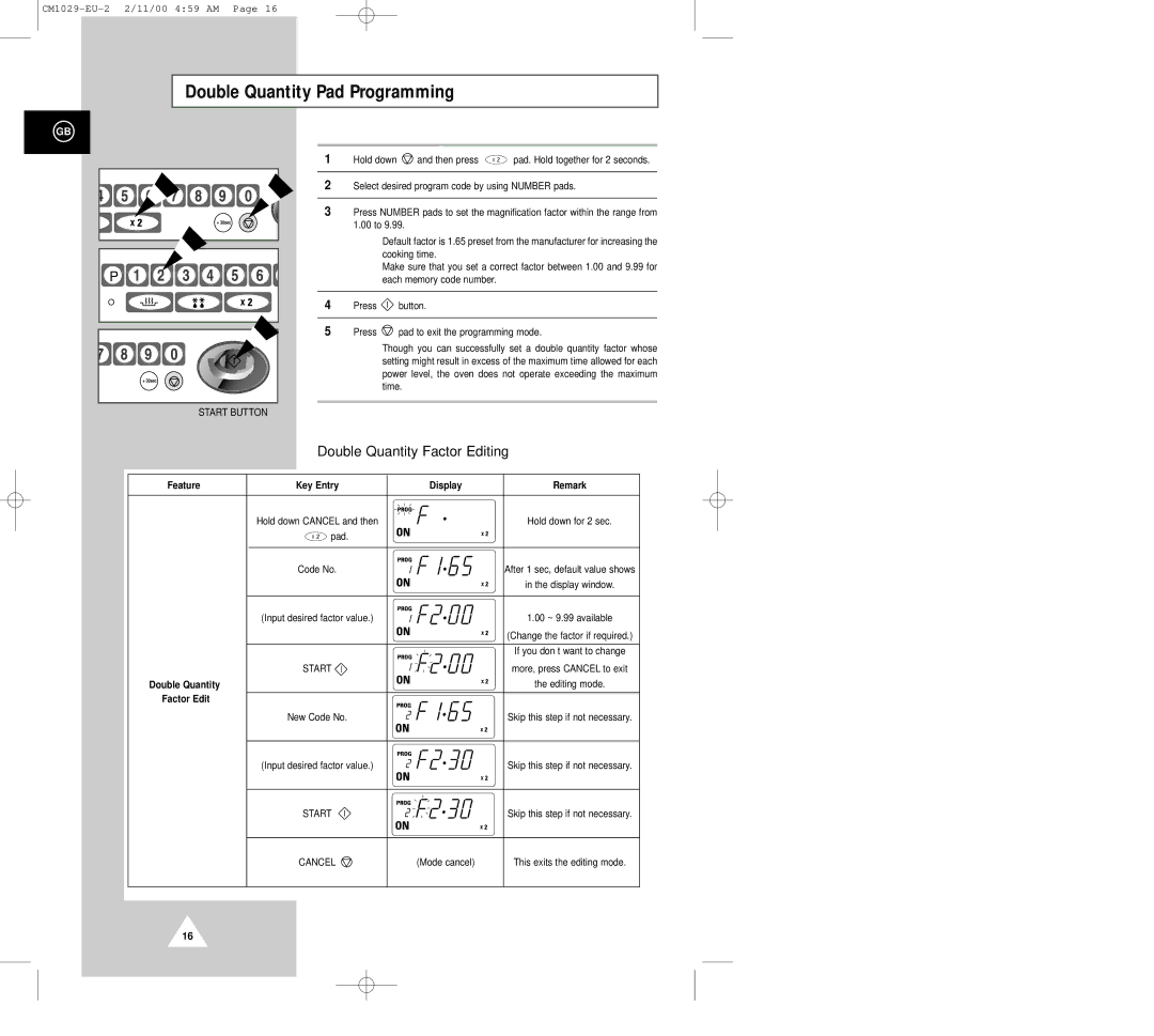 Samsung CM1029 manual Double Quantity Pad Programming, Display, Factor Edit 