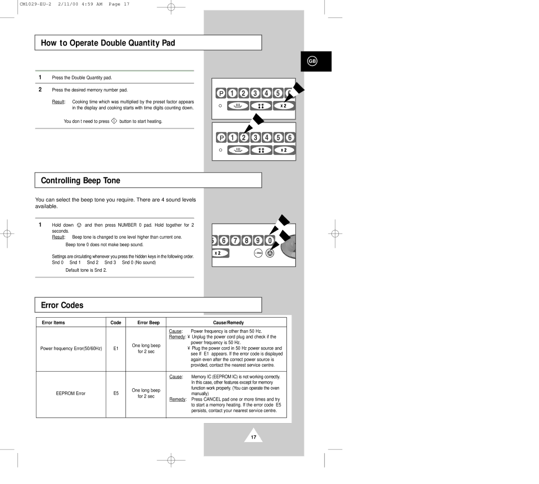 Samsung CM1029 manual How to Operate Double Quantity Pad, Controlling Beep Tone, Error Codes 