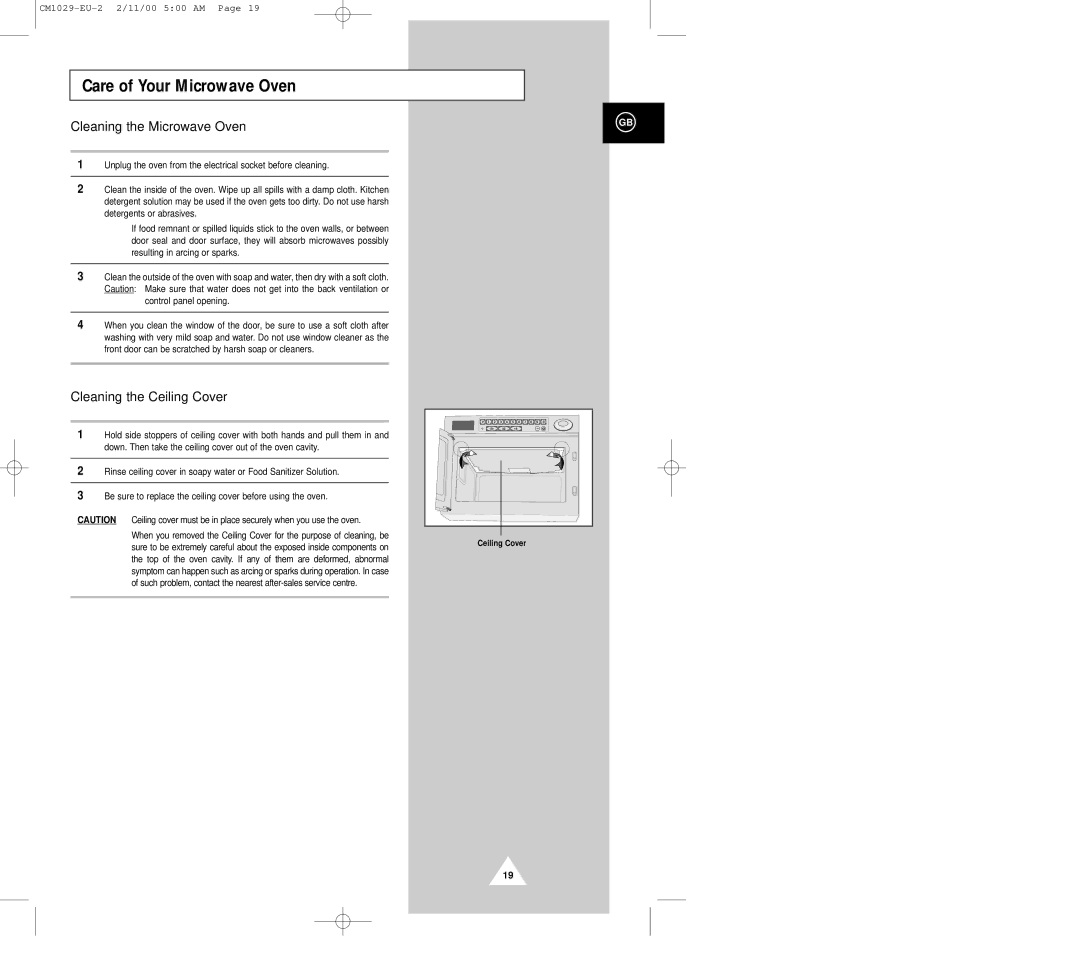 Samsung CM1029 manual Care of Your Microwave Oven, Control panel opening 