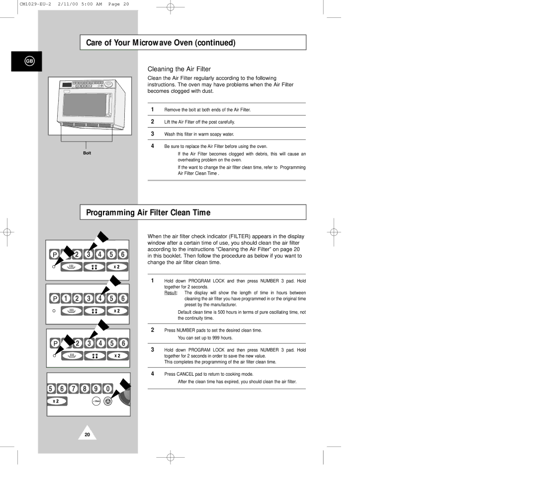 Samsung CM1029 manual Programming Air Filter Clean Time, Cleaning the Air Filter 