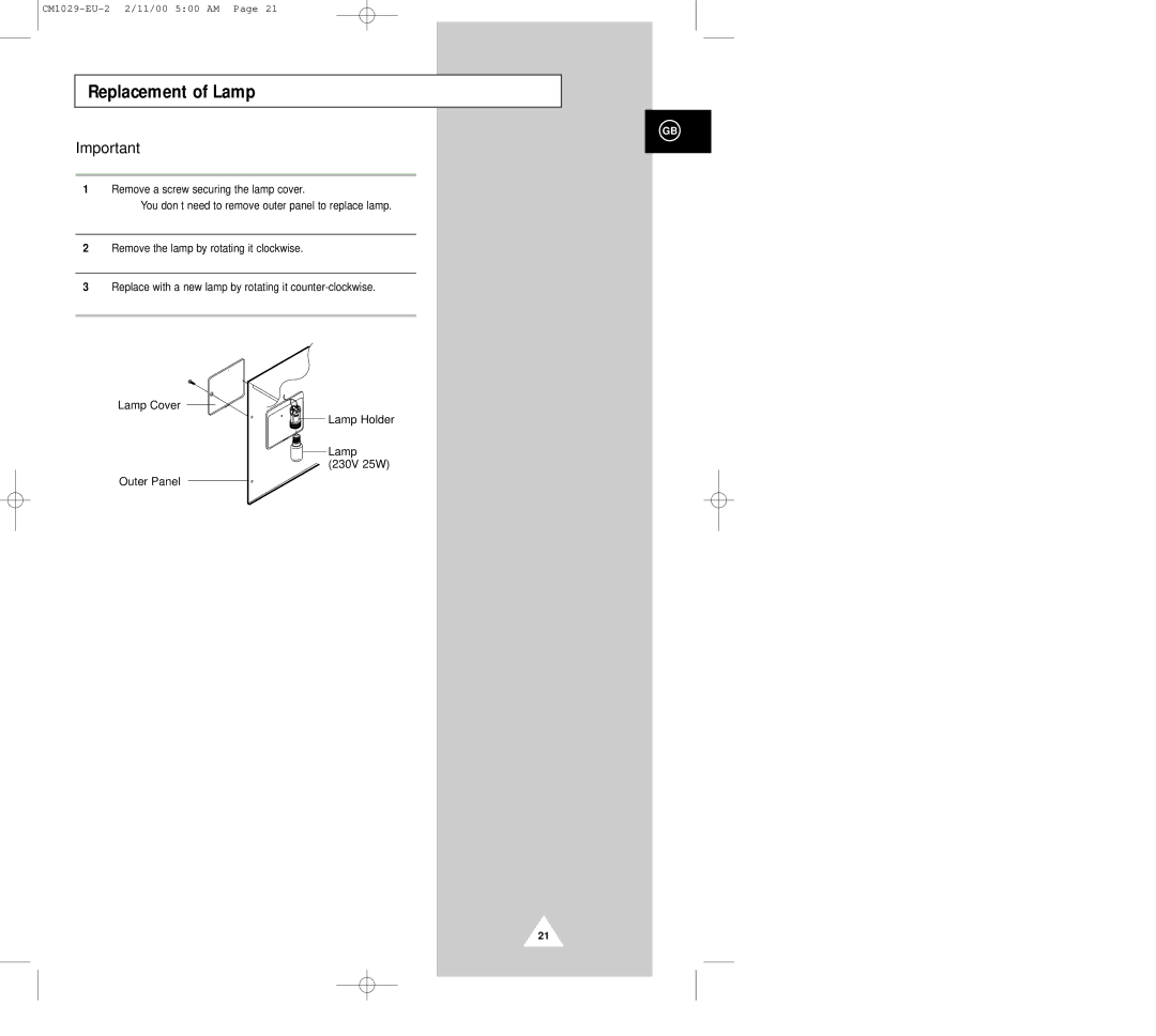 Samsung CM1029 manual Replacement of Lamp 