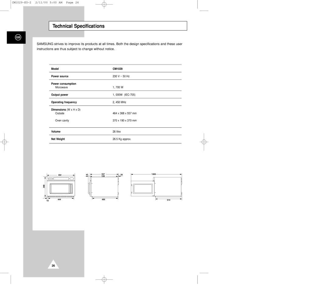 Samsung CM1029 manual Technical Specifications 