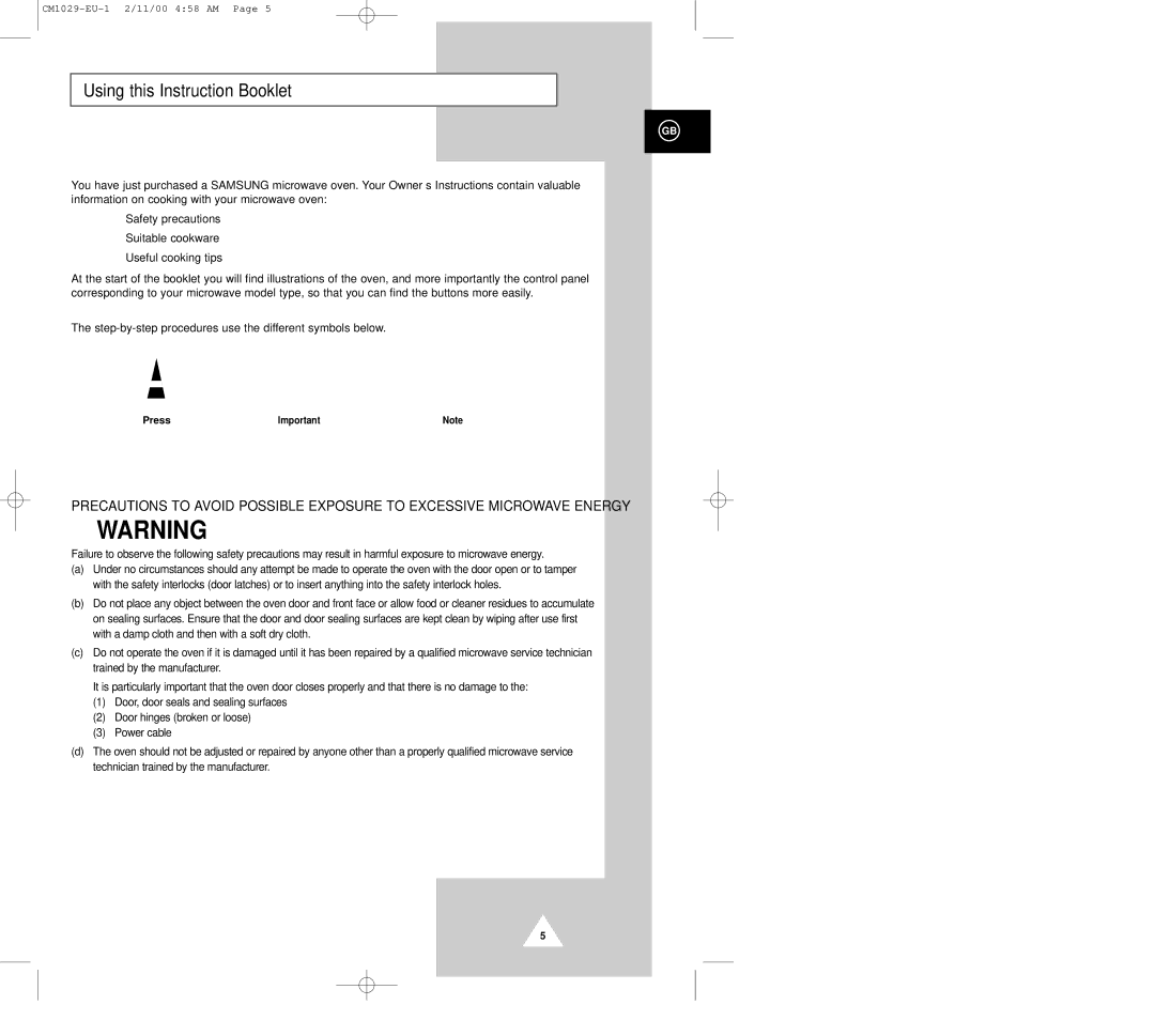 Samsung CM1029 manual Using this Instruction Booklet, Press 