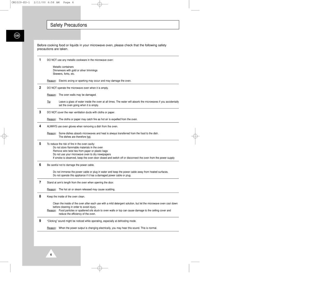 Samsung CM1029 manual Safety Precautions 