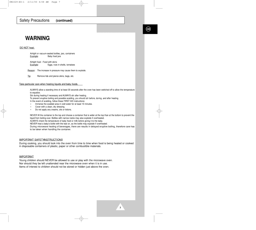 Samsung CM1029 manual Do not heat, Airtight or vacuum-sealed bottles, jars, containers Example 