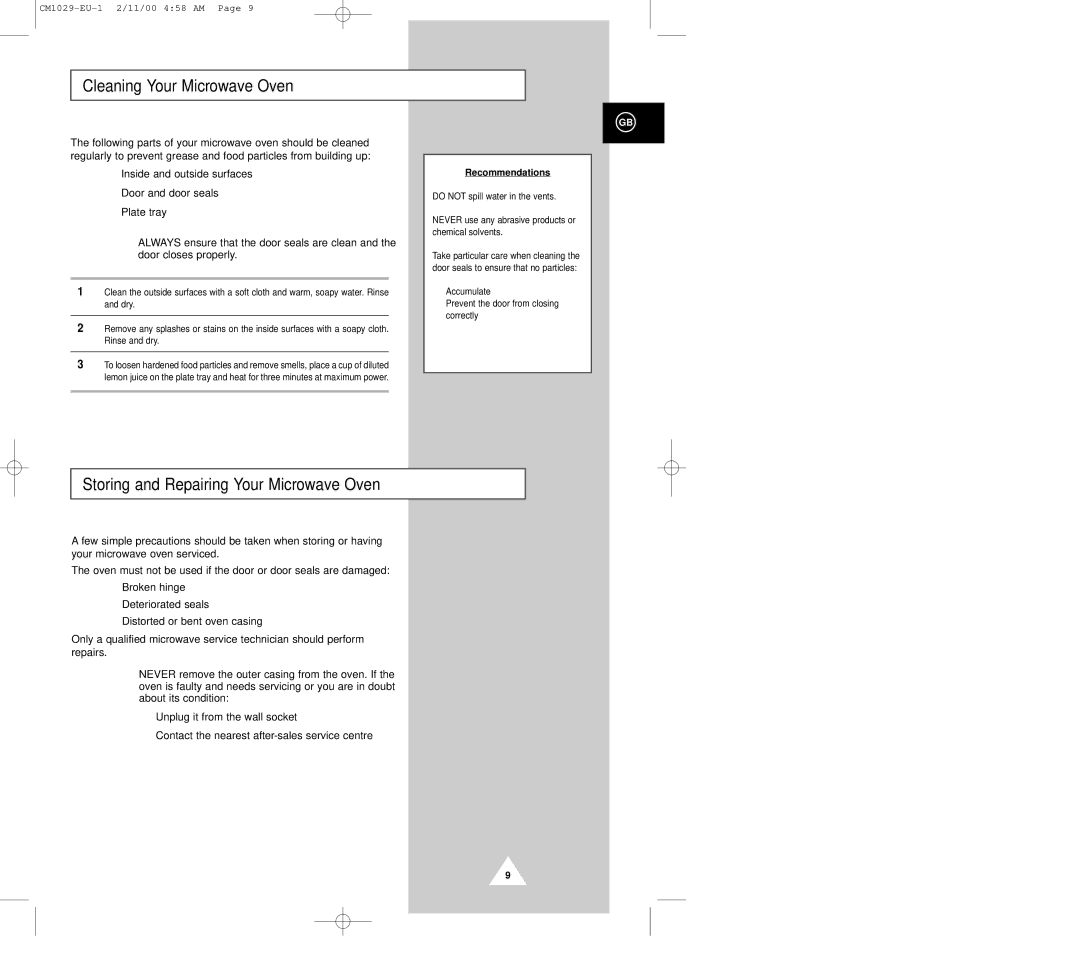 Samsung CM1029 manual Cleaning Your Microwave Oven, Storing and Repairing Your Microwave Oven, Recommendations 