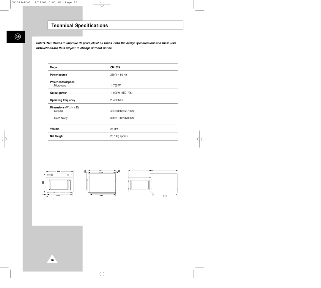 Samsung CM1029 manual Technical Specifications, instructions are thus subject to change without notice 