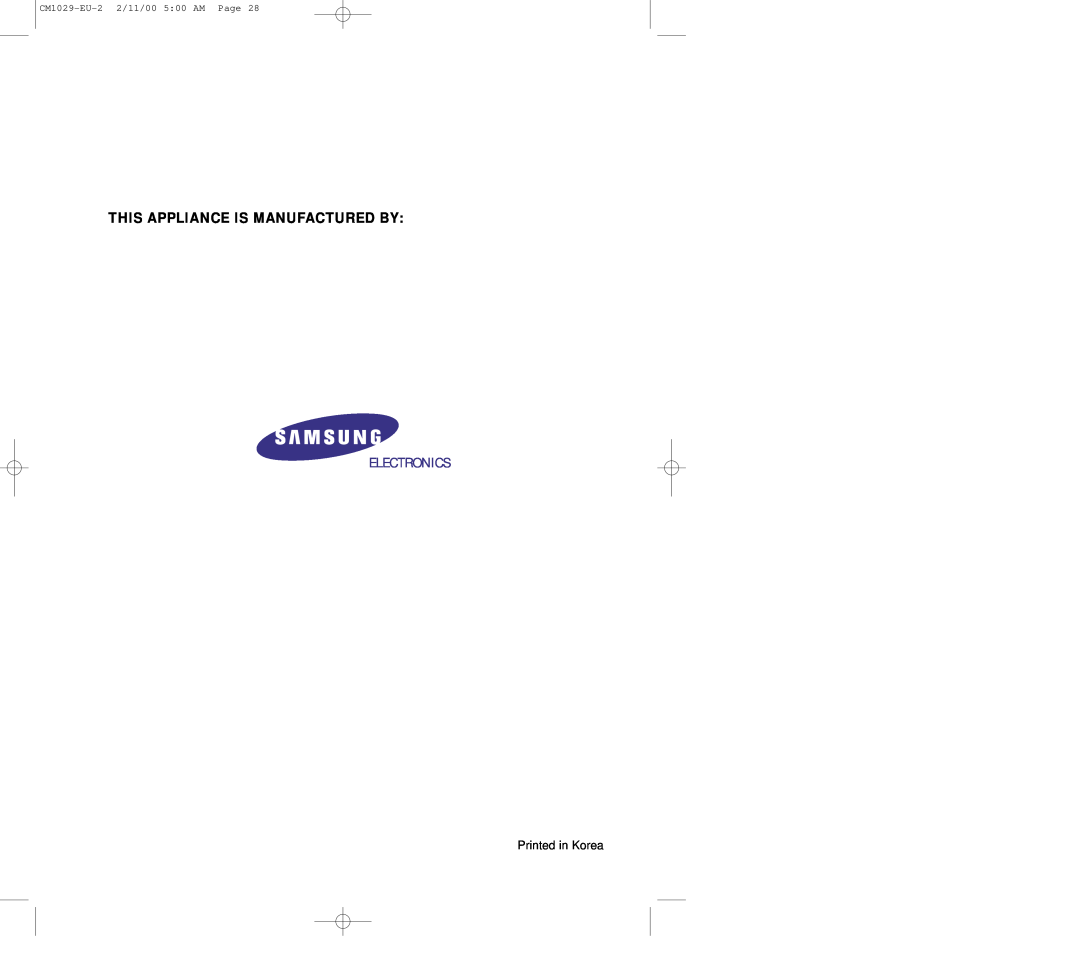 Samsung manual This Appliance Is Manufactured By, Electronics, CM1029-EU-2 2/11/00 500 AM Page 