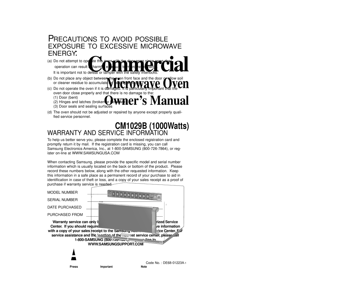 Samsung CM1029B owner manual Warranty and Service Information, Press 