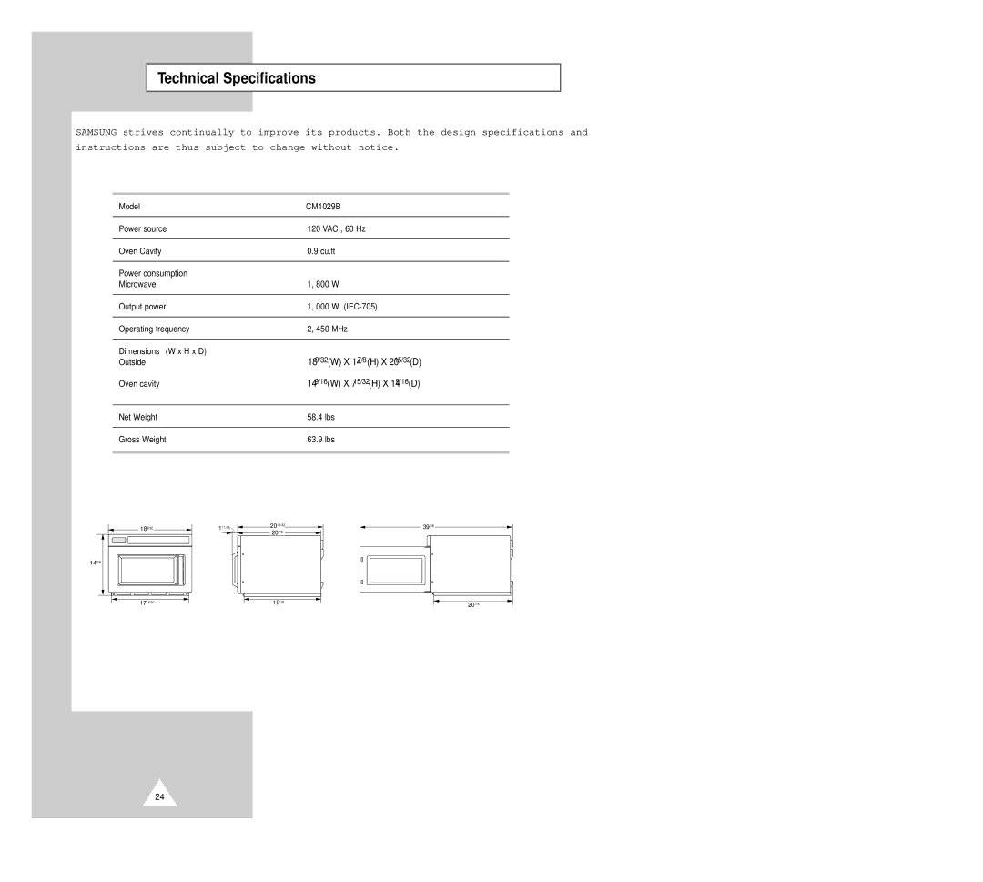 Samsung CM1029B owner manual Technical Specifications 