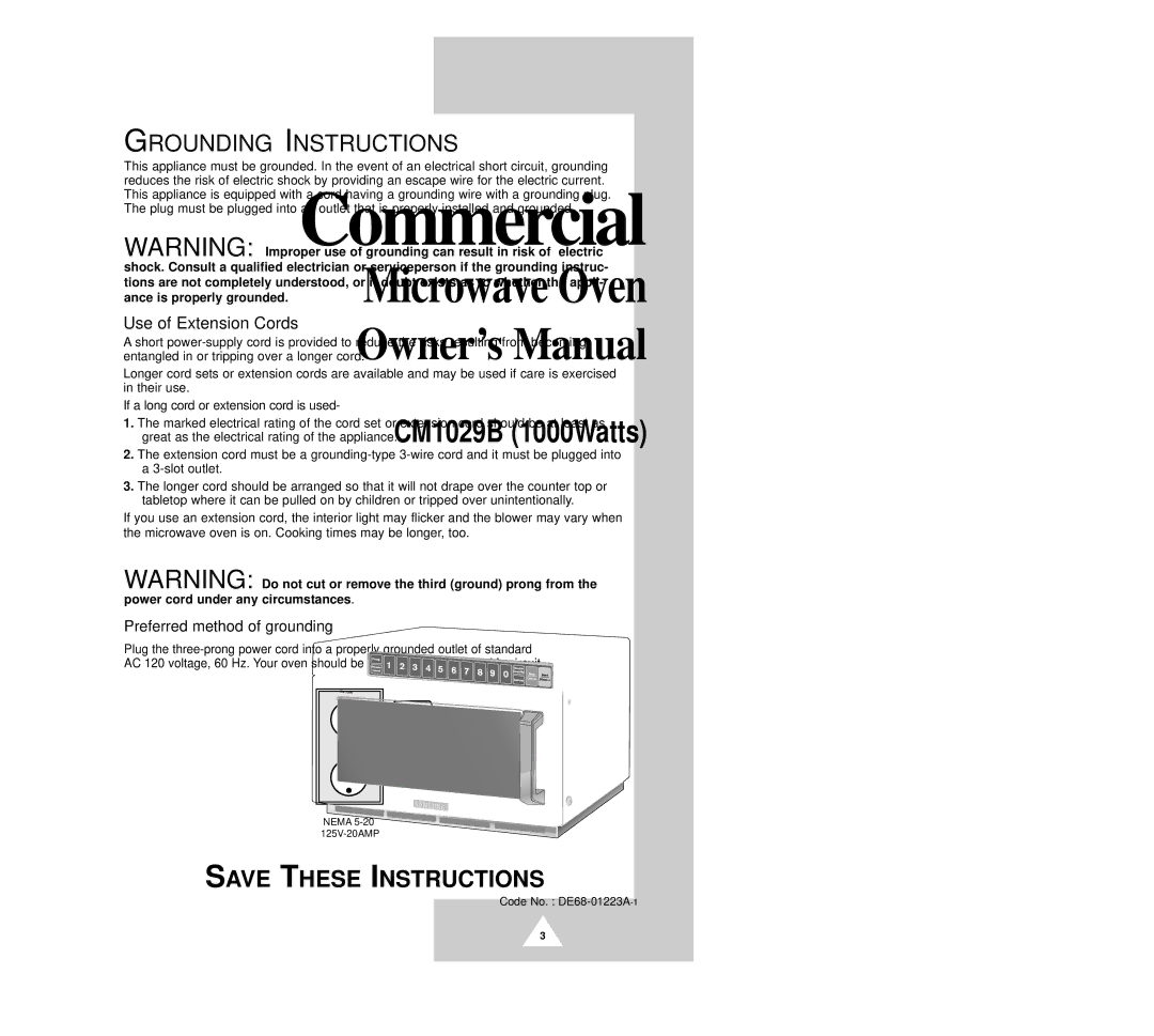 Samsung CM1029B owner manual Grounding Instructions 