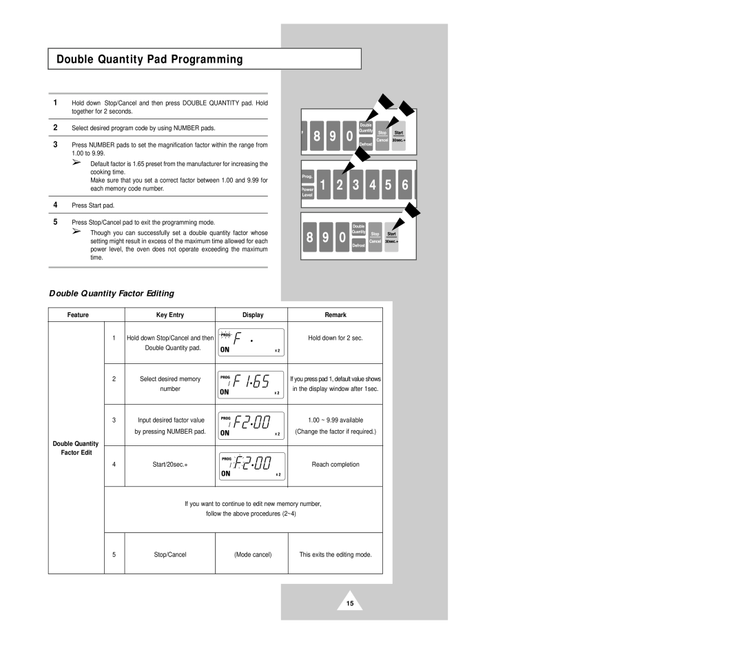 Samsung CM1029B owner manual Double Quantity Pad Programming, Double Quantity Factor Editing 