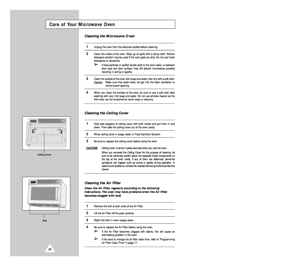 Samsung CM1029B owner manual Care of Your Microwave Oven, Cleaning the Microwave Oven, Cleaning the Ceiling Cover 