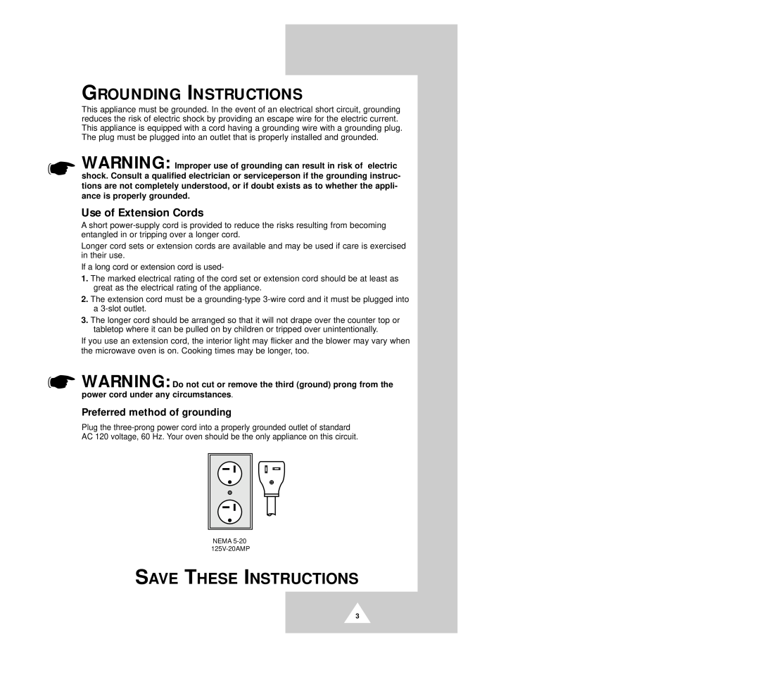 Samsung CM1029B Grounding Instructions, Save These Instructions, Use of Extension Cords, Preferred method of grounding 