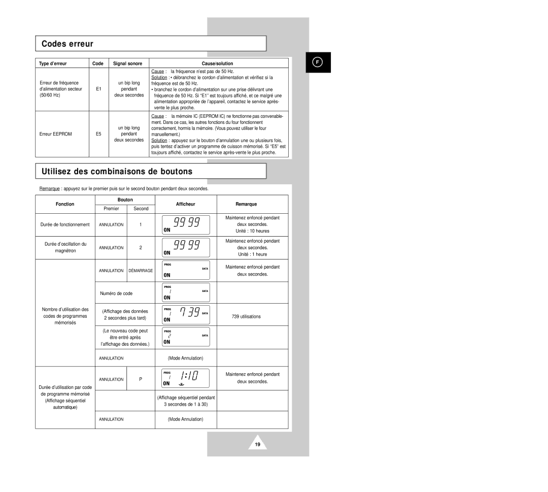 Samsung CM1029/XEF Codes erreur, Utilisez des combinaisons de boutons, Type d’erreur Code Signal sonore Cause/solution 