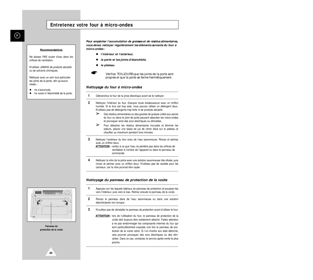 Samsung CM1029/XEF manual Entretenez votre four à micro-ondes, Recommandations 