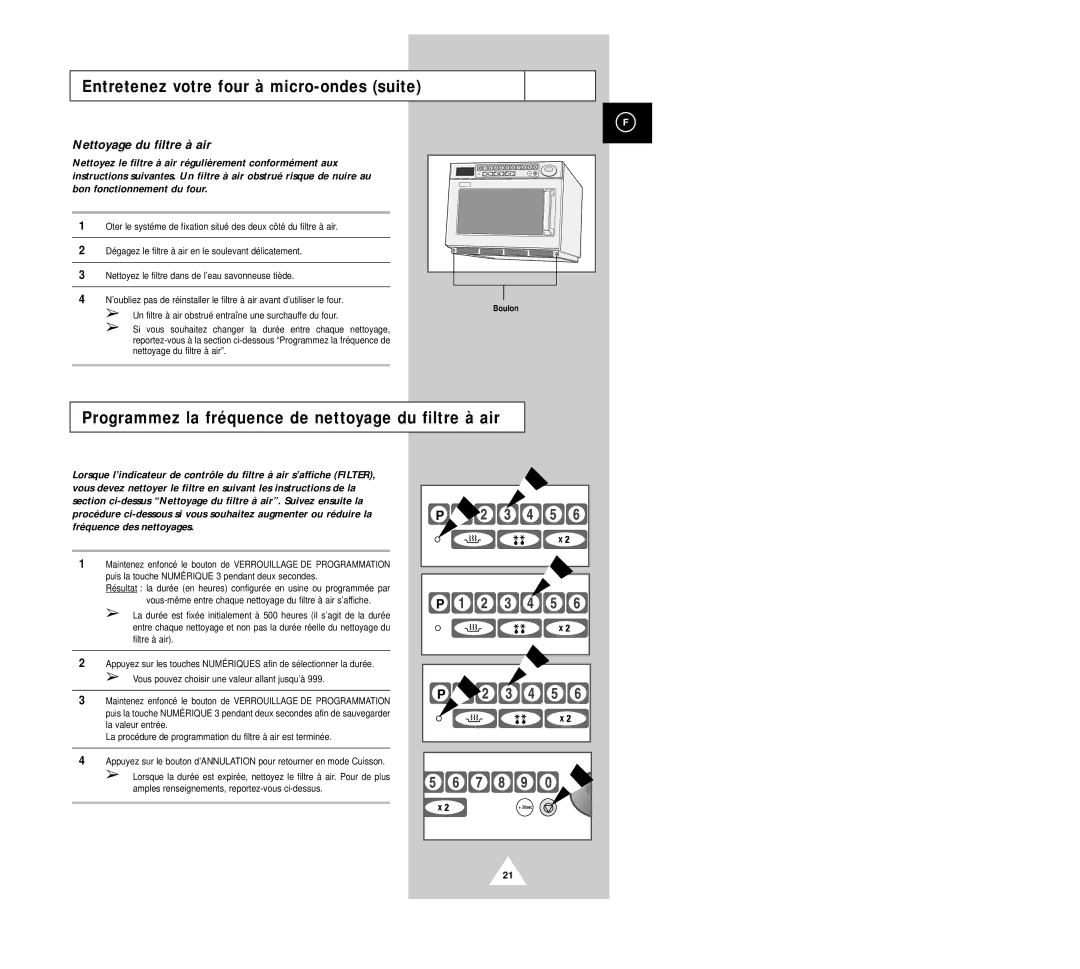 Samsung CM1029/XEF manual Entretenez votre four à micro-ondes suite, Programmez la fréquence de nettoyage du filtre à air 