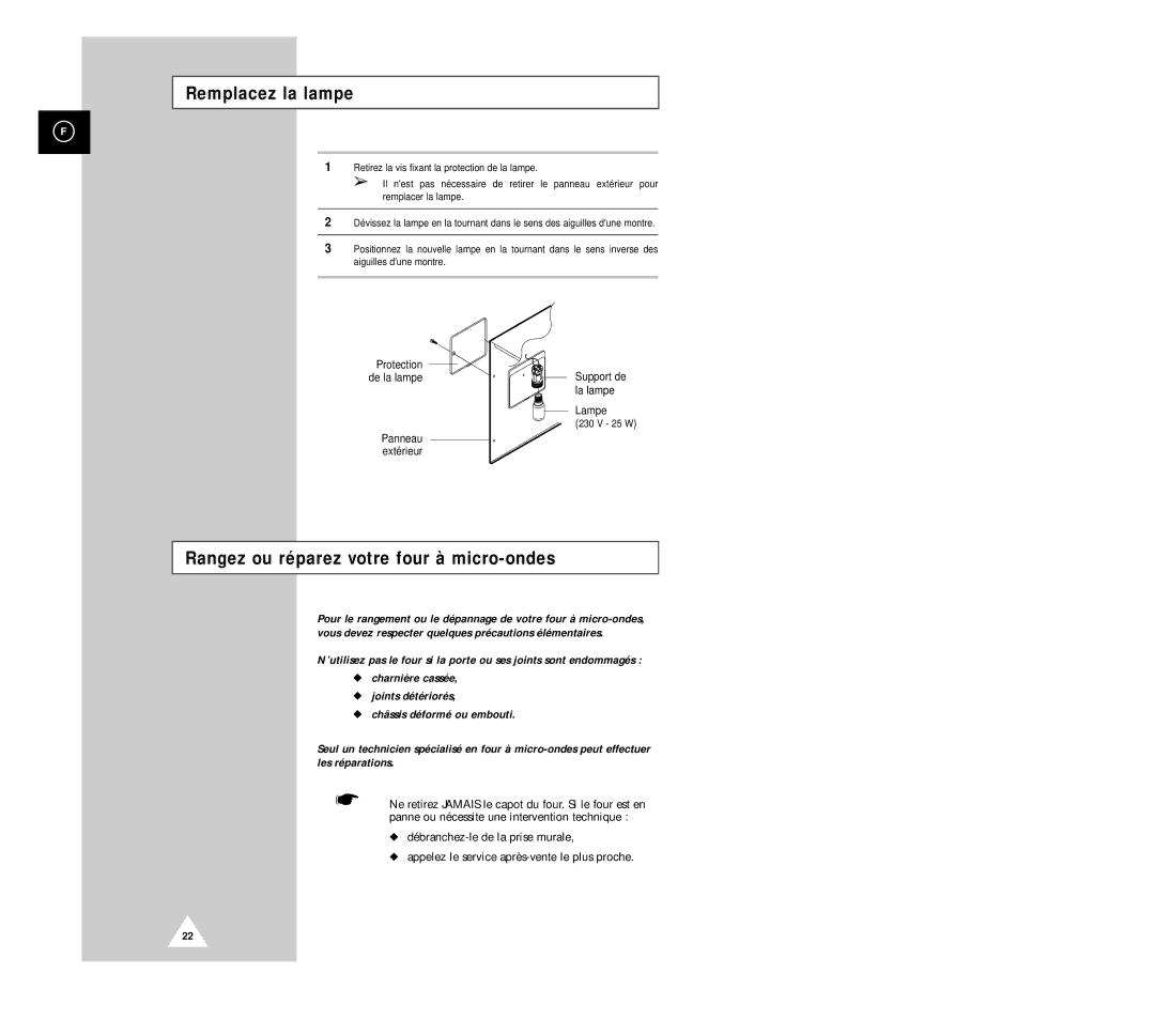 Samsung CM1029/XEF manual Remplacez la lampe, Rangez ou réparez votre four à micro-ondes 