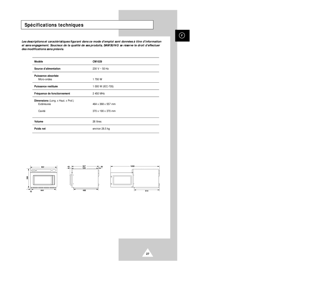 Samsung CM1029/XEF manual Spécifications techniques 