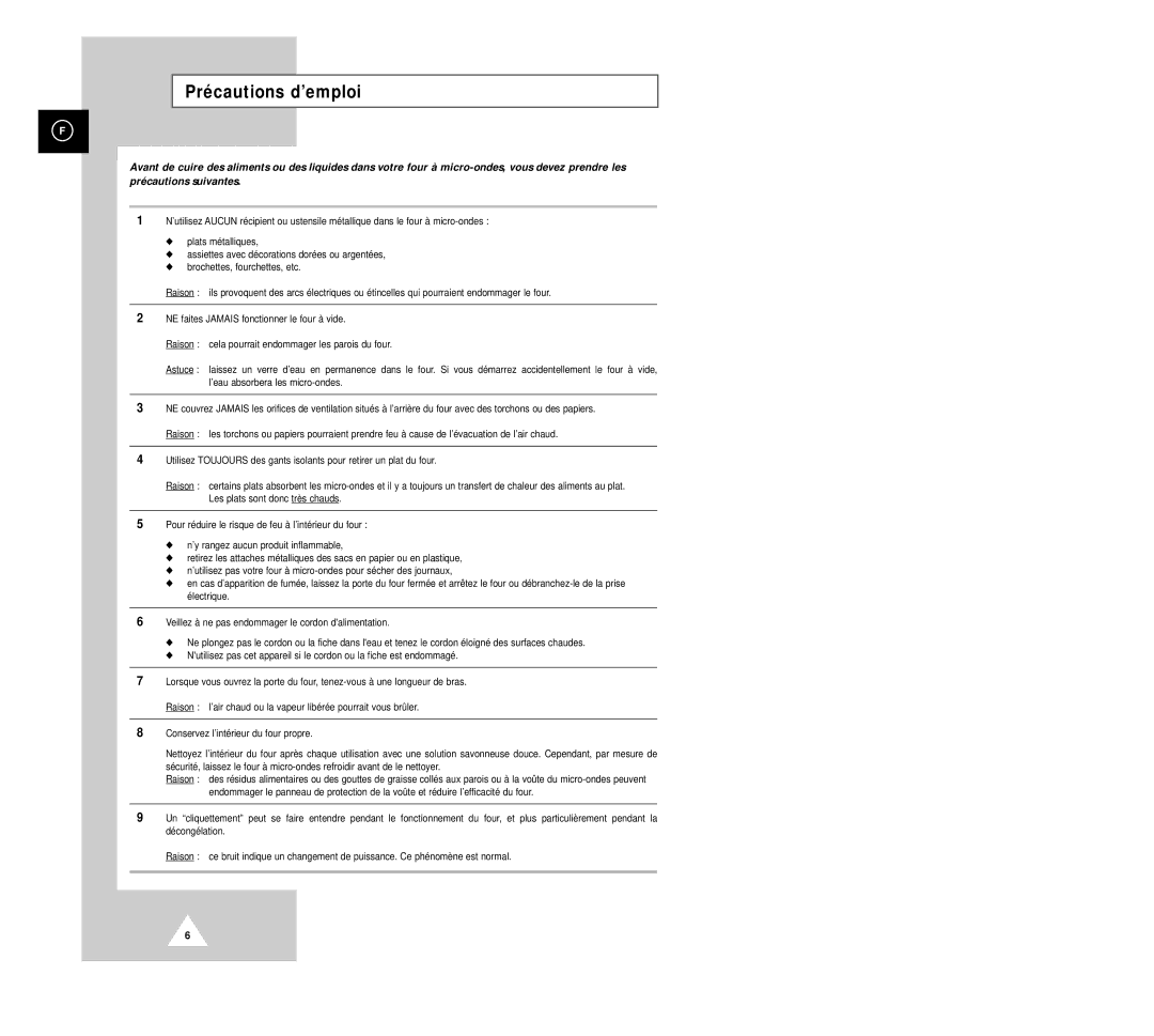 Samsung CM1029/XEF manual Précautions d’emploi 