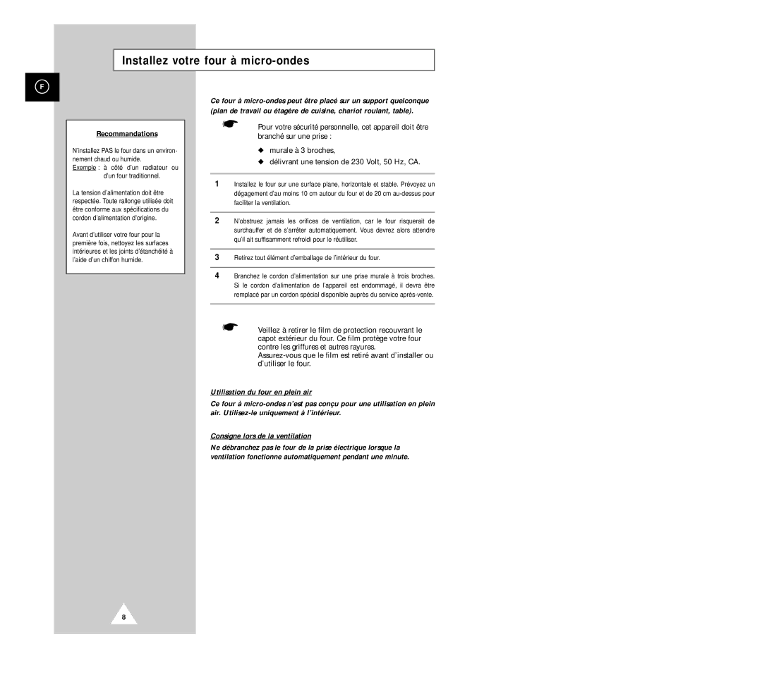 Samsung CM1029/XEF manual Installez votre four à micro-ondes, Recommandations 