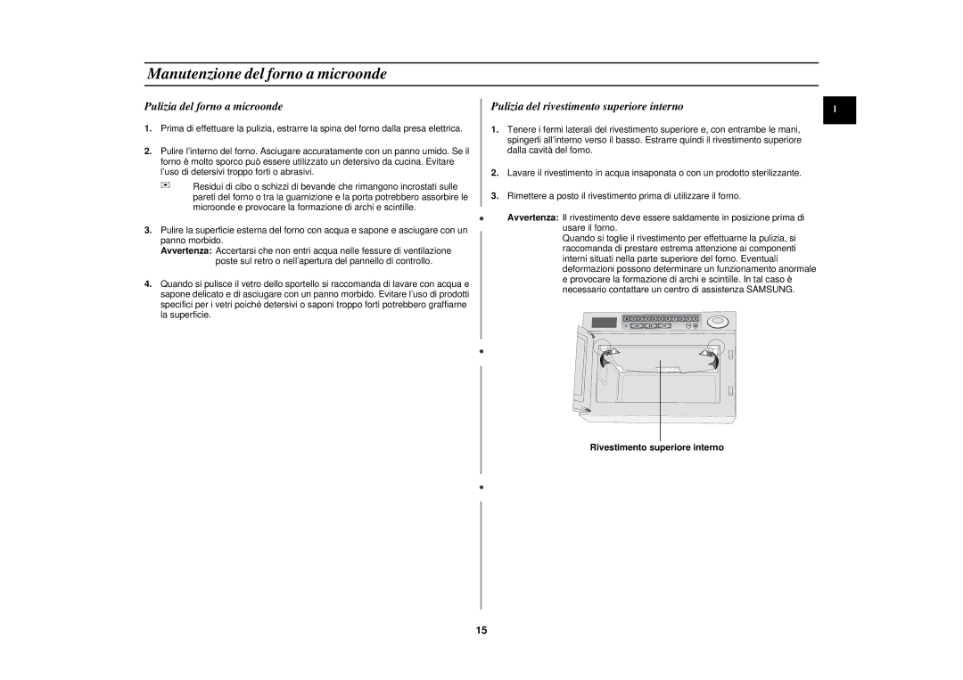 Samsung CM1029/XET manual Manutenzione del forno a microonde, RivestimentoCeilingsuperioreC verinterno 