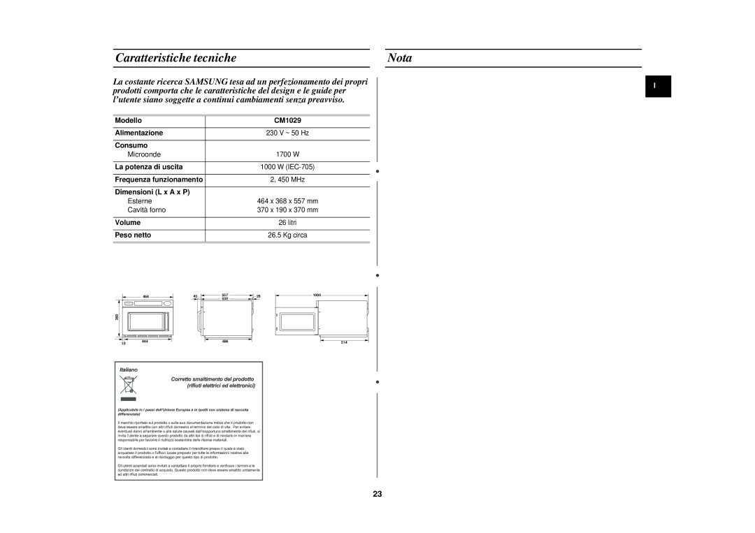 Samsung CM1029/XET manual Caratteristiche tecniche Nota 