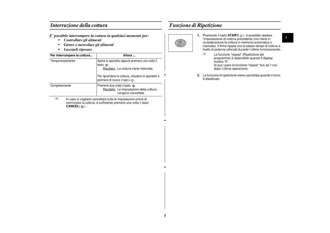 Samsung CM1029/XET manual Interruzione della cottura, Funzione di Ripetizione, Per interrompere la cottura Allora 