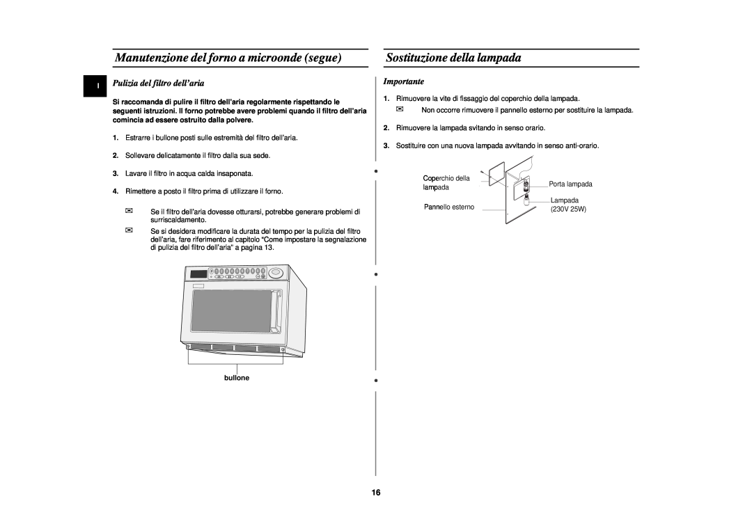 Samsung CM1029/XET Manutenzione del forno a microonde segue, Sostituzione della lampada, Pulizia del filtro dell’aria 