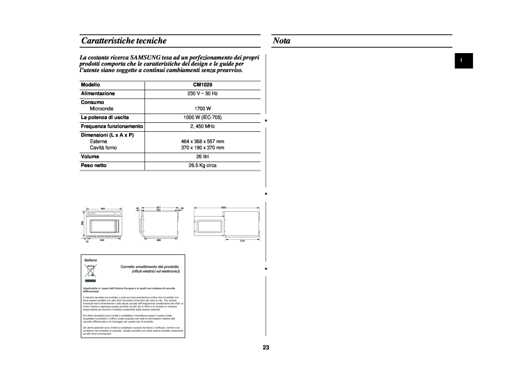Samsung CM1029/XET Caratteristiche tecniche, Nota, Modello, Alimentazione, Consumo, La potenza di uscita, Volume, 1000 514 
