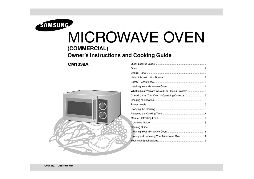 Samsung CM1039A-K/XEU manual Microwave Oven, Code No. DE68-01837B 